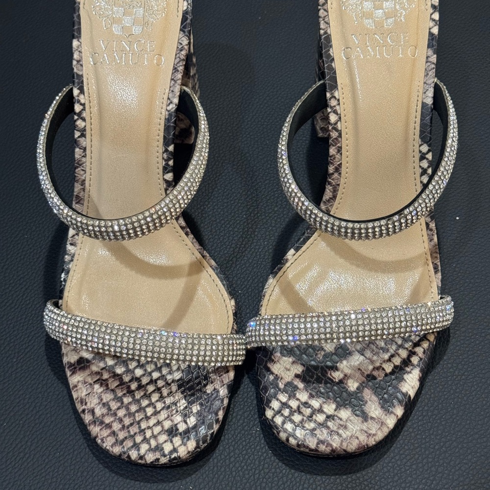 Vince Camuto Black and Cream Snakeskin Heels with Rhinestones